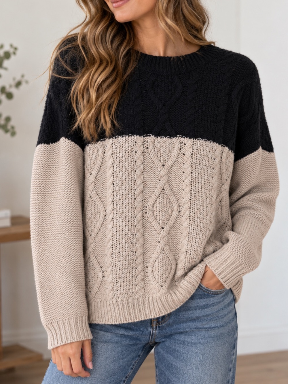 Vince Two-Tone Yak and Wool Cable Crew Sweater in Black & Beige